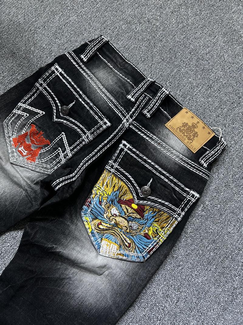 Product Introduction of Quần jean nam dài  màu đen wash gân , hoạ tiết thêu hình Samurai 11