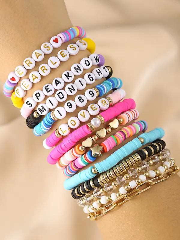 14pcs/set Women's Fashion Colorful Beaded Bracelet & Faux Pearl Decorated Link Bracelet, Heart & Letter Charm Jewelry for Party, Daily Clothing Decor for Girl 0