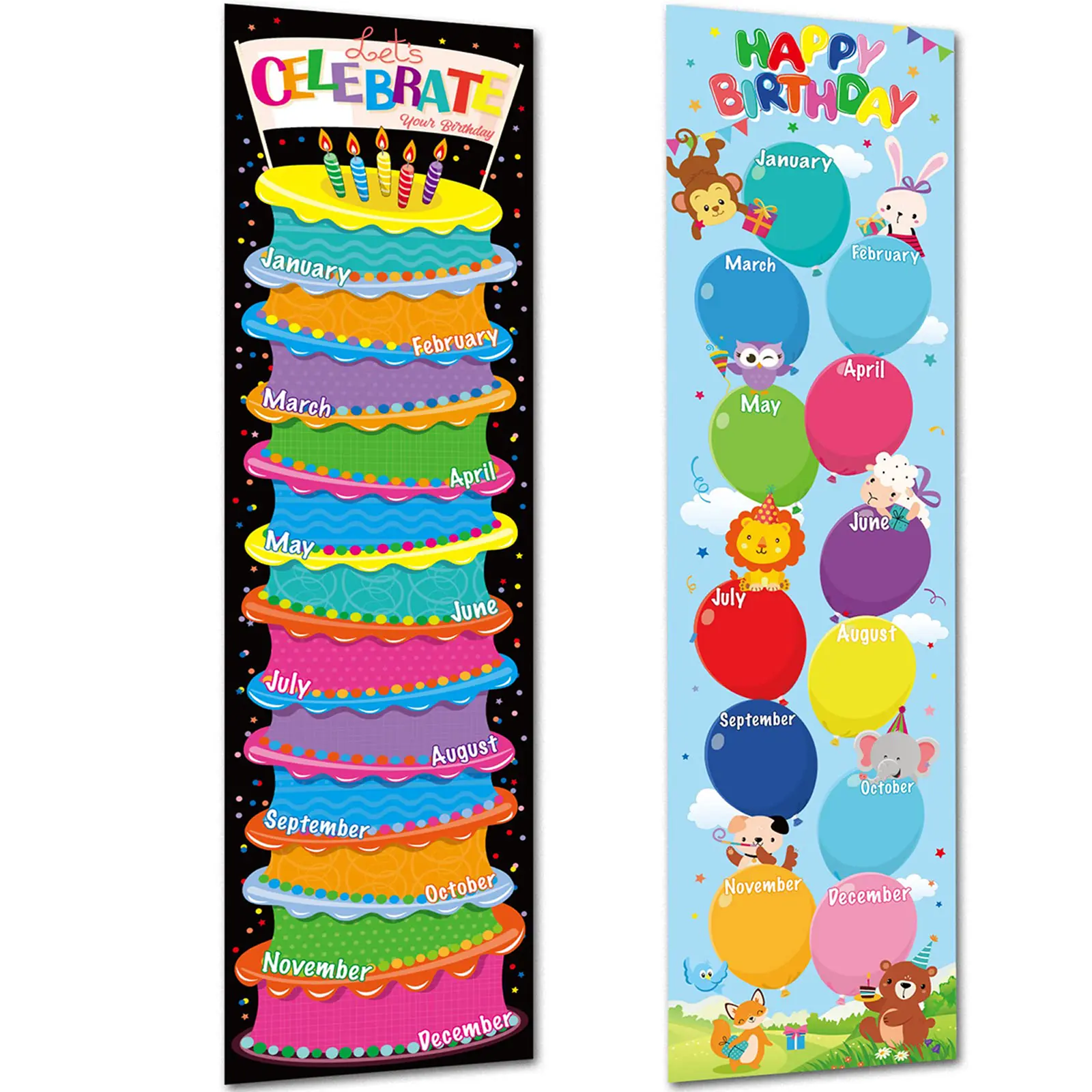 2Pcs Happy Birthday Charts Posters Classroom Calendar Bulletin Board ...