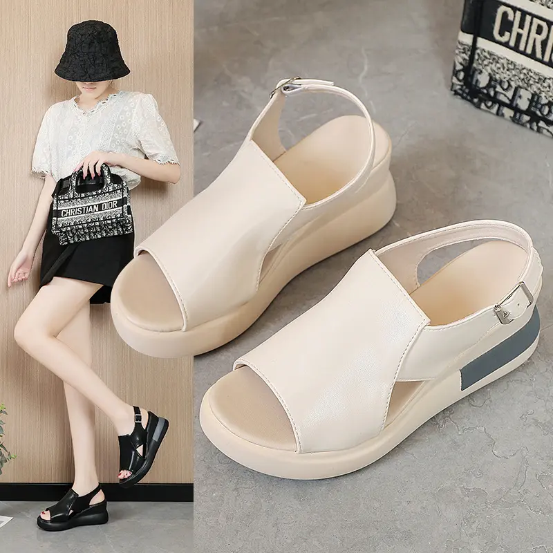 2024 New Summer Thick Bottom Slope Heel Leather Sandals for Women, Fashionable Rear Air Soft Leather Fish Mouth Shoes, Height Increasing Sponge Cake Shoes
