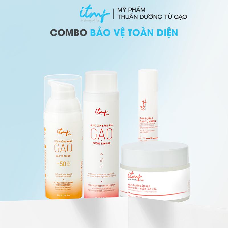 Combo 4 Món  Bảo Vệ Toàn Diện ITMF Nước Cân Bằng Sữa Gạo 50g & Kem Dưỡng Ẩm Gạo 50g & Kem Chống Nắng Gạo 50g & Son Dưỡng Gạo ITMF 4.2g