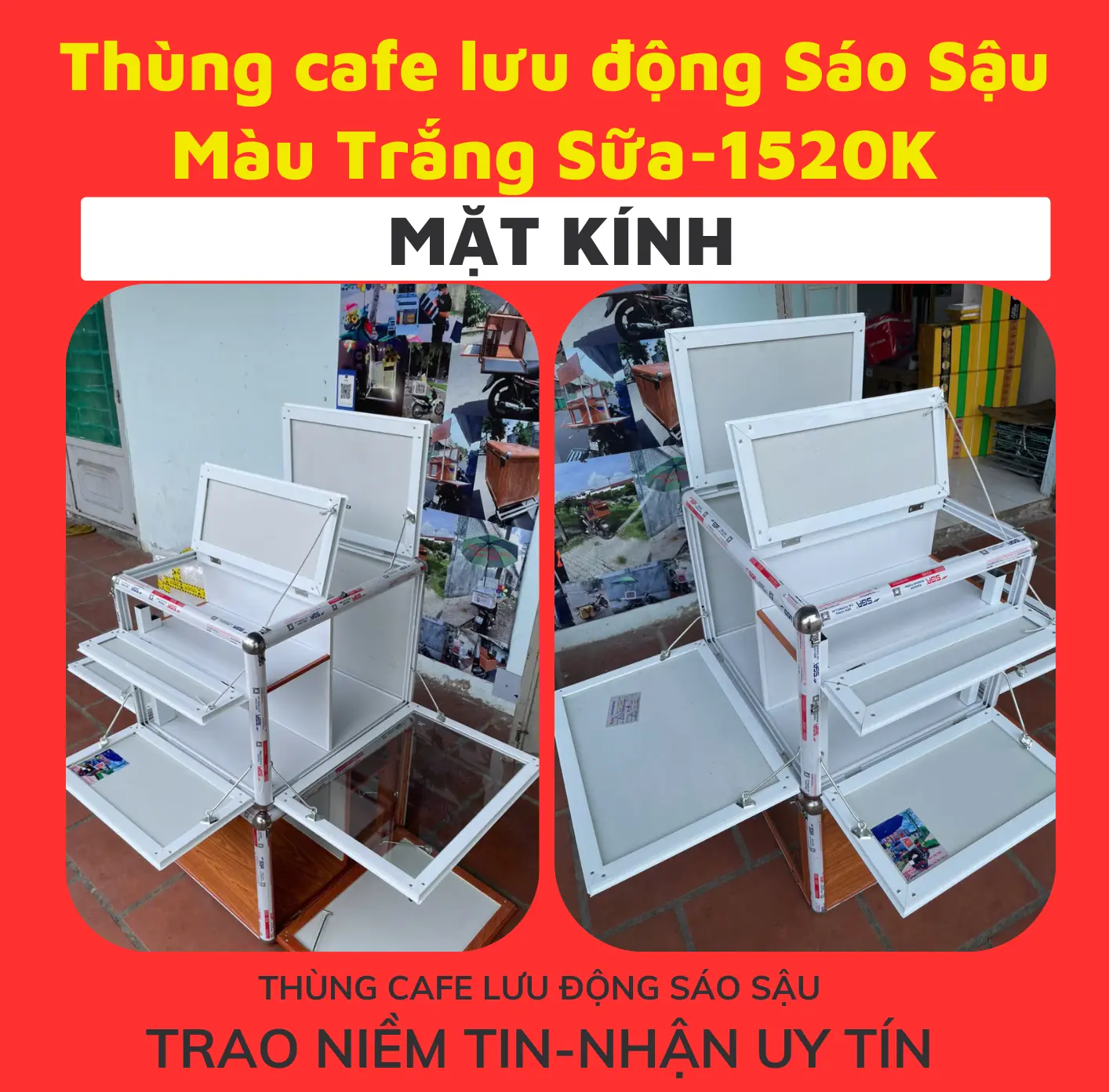 Thùng cafe di động SÁO SẬU 60x50x45 trắng sữa-MẶT KÍNH CƯỜNG LỰC-móc thép