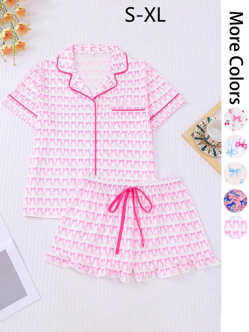 Product Introduction of Women's All Over Print Pajama Set, Casual Comfy Short Sleeve Lapel Neckline Pocket Shirt & Shorts PJ Set, Ladies Summer Sleepwear 3