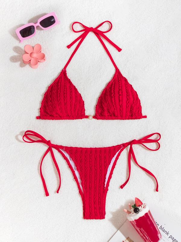 Two-Piece Set Women's Textured Triangle Bra & Knotted Swim Bottom Bikinis Set, Casual Halter Neck Backless Swim Top & Tie Side Swim Bottom Two-piece Swimsuit For Summer, Fashion Women's Swimwear For Beach Holiday Vacation 4