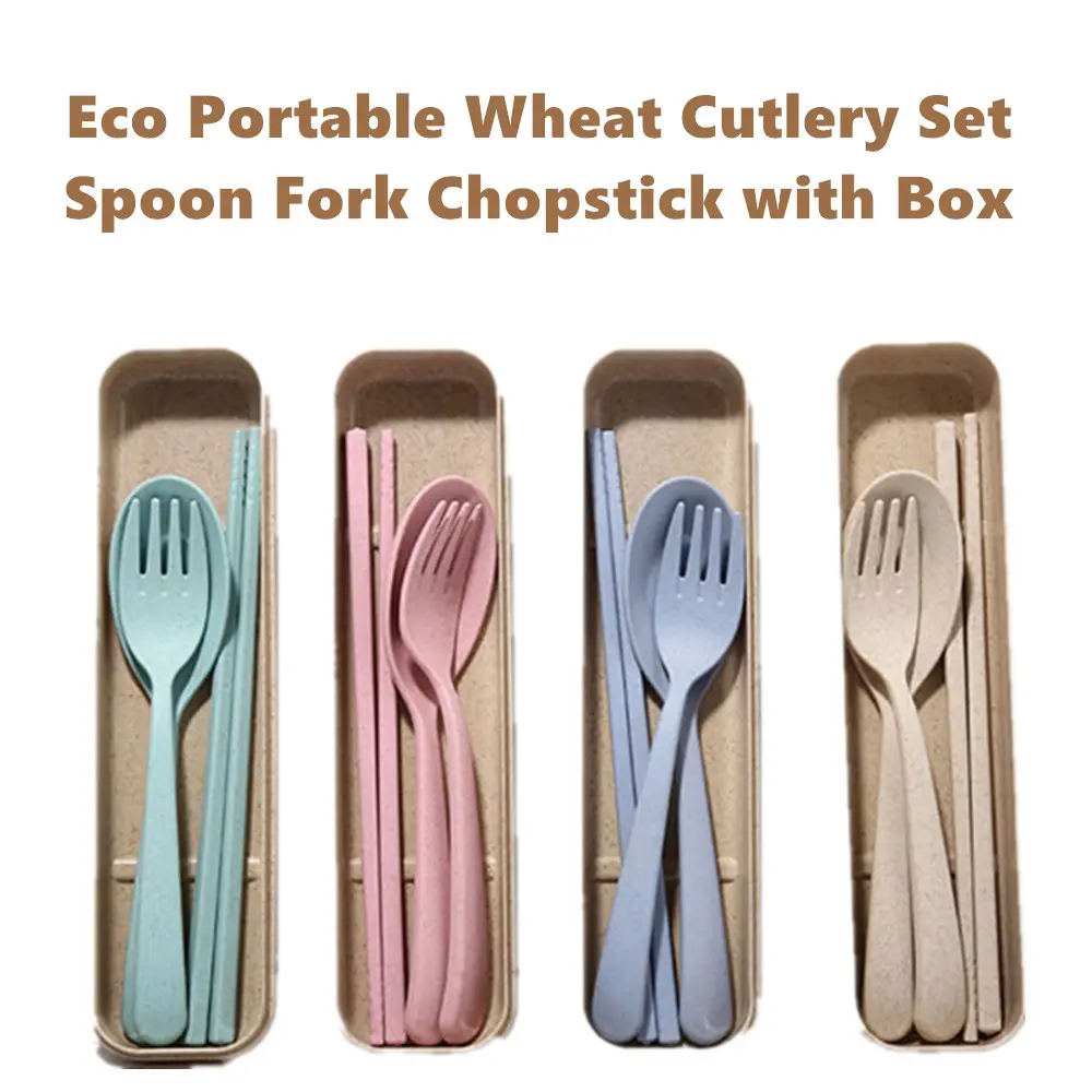 ** Use OPP packaging ** Portable Wheat Cutlery Set Travel Spoon Fork Chopstick Box (1) Pink / Blue / Green / Beige