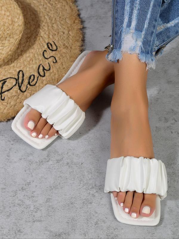 Women's Fashionable Solid Color Ruched Design Slides, 1 Pair Casual Comfortable Flat Sandals, Cute Summer Beach Square Open Toe Shoes for Daily Wear 1