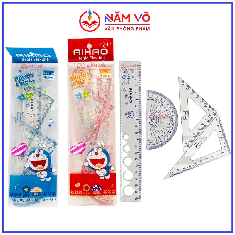 9612 COMBO 2 Bộ 8 Cây Thước Nhựa Dẻo Bộ Thước Kẻ Nhựa 20CM Thước thẳng đo độ eke tam giác cân Tiện Lợi Aihao 9612 Không Bong Tróc Không Mờ Số