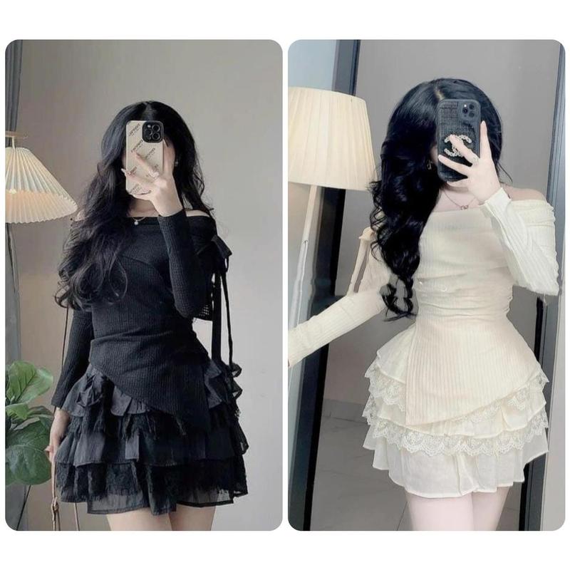 Mei Closet Sét chân váy voan tầng 2 lớp kèm áo trễ vai nơ tăm lạnh sang chảnh 2 màu trắng đen FreeSize đầm nơ màu kem đầm điệu vay  body trevai váy  voan  sang  chảnh váy  ren  trễ  vai  xoè