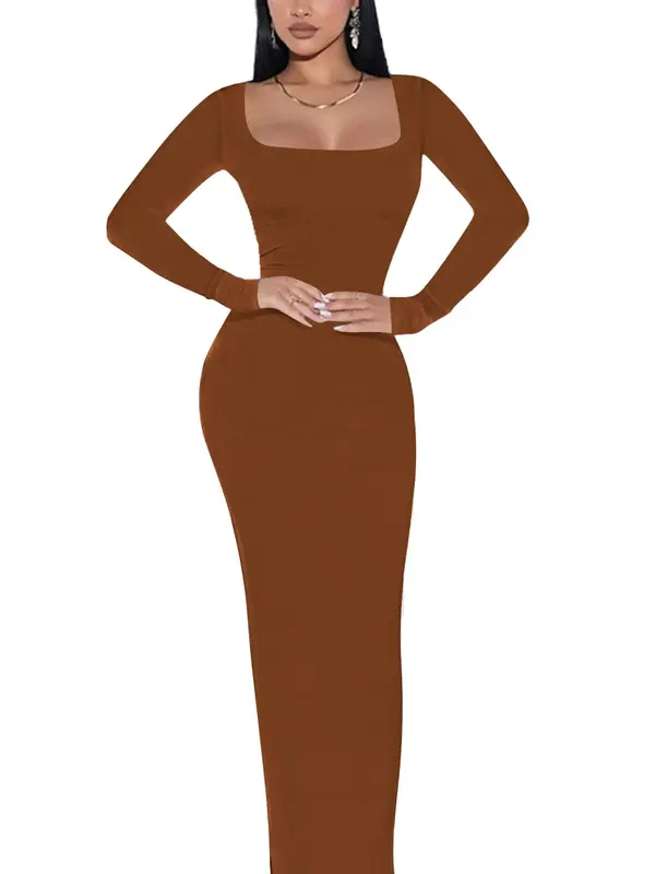 Women's Plain Ribbed Bodycon Dress, Casual Long Sleeve Ribbed Dress for Spring & Fall, Women's Clothing for Daily Wear 1