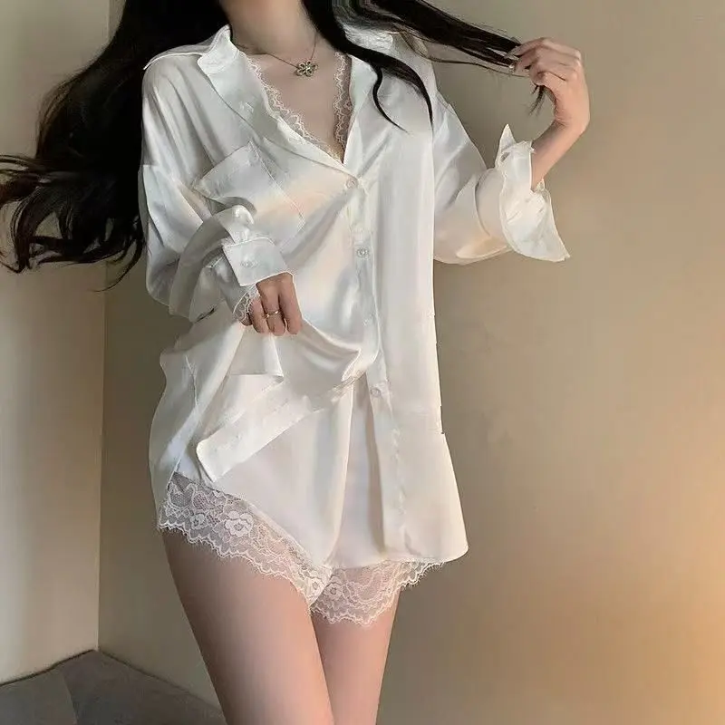 Bộ Đồ Ngủ Ren, Dành Cho Phụ Nữ, Đồ Ngủ Gợi Cảm, Phong Cách Bạn Trai, Áo Sơ Mi Bộ Hai Mảnh, Hàng Mới Về, Tay Áo Dài, Bộ Đồ Mặc Ở Nhà 2