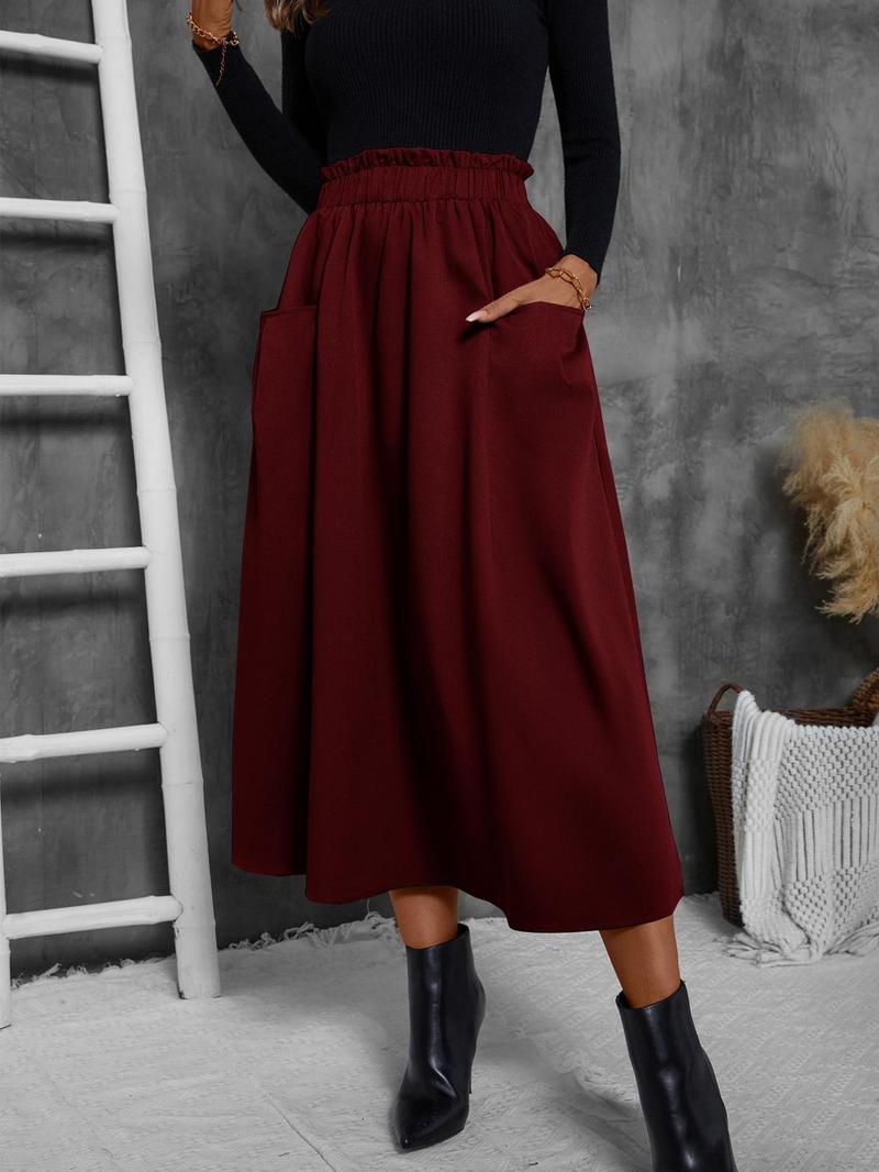 Product Introduction of 【2025】Women's Solid Frill Trim Elastic Waist Skirt, Casual Fashion Pocket A Line Midi Skirt for Daily Outdoor Wear, Women's Bottoms for Spring & Fall 9