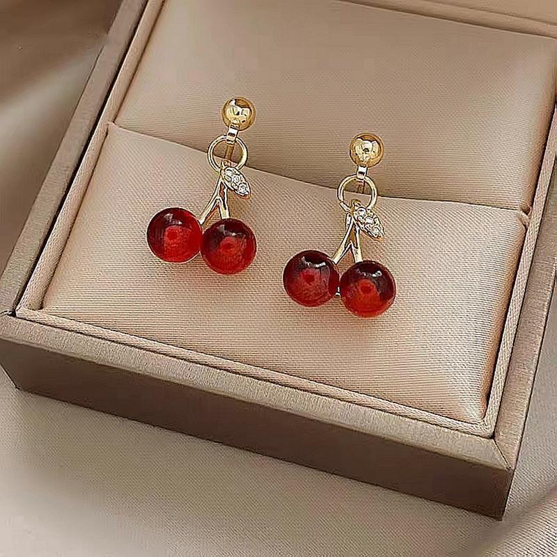 Product Introduction of Necklace Earrings 925 Silver Red Cherry Earrings Simple and Compact Temperament Wild Ins Style High Sense Ornament 0
