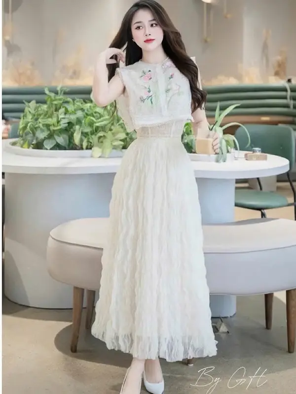 Đầm dự tiệc sát nách ren thêu tỉ mỉ, Váy thiết kế dáng dài đi bàn chất voan tua rua tiểu thư cao cấp 1