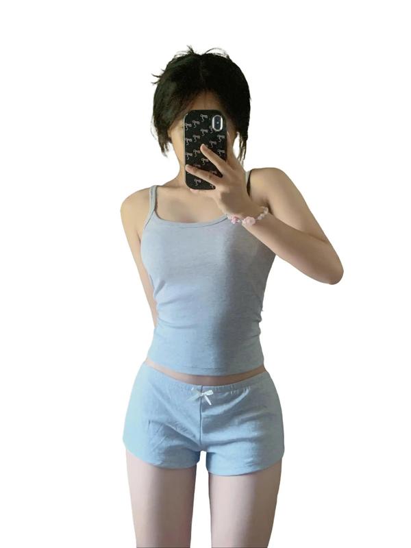 [SET 2 MÓN]Set bộ đùi chất thun bogen co giãn 4 chiều, Áo 2 dây kèm quần short lưng thấp hot trend THE BLOOM | SE002 Nữ Women Top Xám Nhung Kem đồ  bộ mặc nhà hai đồ  macnha