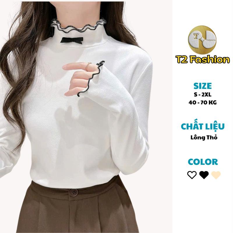 DEAL TẾT Áo thun Giữ Nhiệt Lông Thỏ Cổ Cao Hai Lớp Nhún Bèo Đính Nơ Xinh Xắn nu T105 - T2 Fashion