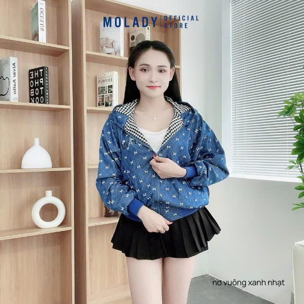Áo Khoác Lụa Jean Nữ MOLADY K317 Có Nón Khoác Kéo Chất Jean Lụa Lót Caro Phối Hoạ Tiết Top Jacket Cotton aokhoac dep