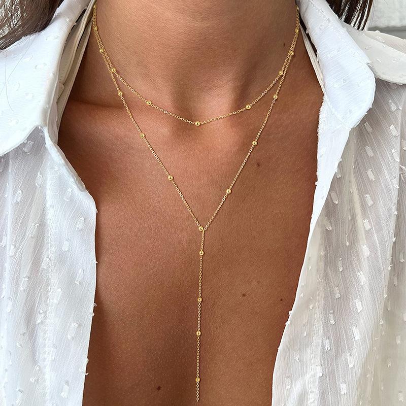 Product Introduction of Europe and America Cross Border Fashion Simple Y-Shaped Necklace All-Matching Graceful Tassel round Beads Multi-Layer Twin Clavicle Chain Chest Necklace Female 8