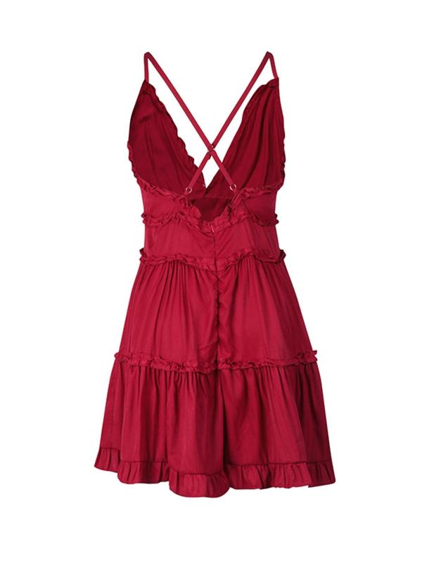 Women's Plain Criss Cross Frill Cami Dress, Adjustable Strap Deep V Neck Short Dress for Summer, Fashion Women's Dress for Beach Holiday, Womenswear 7