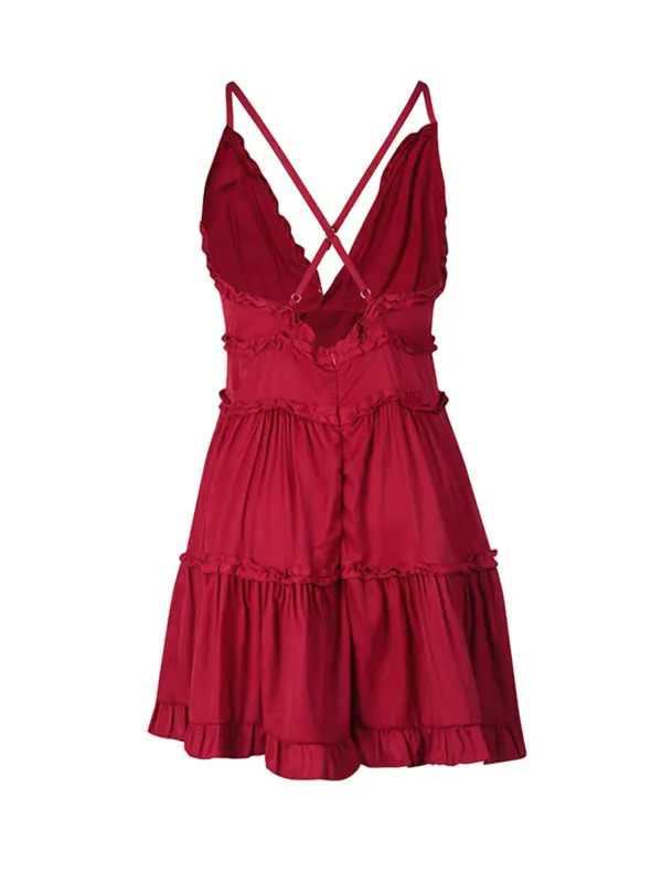 Women's Plain Criss Cross Frill Cami Dress, Adjustable Strap Deep V Neck Short Dress for Summer, Fashion Women's Dress for Beach Holiday, Womenswear, Ruched Ruffled Hem Dress 5