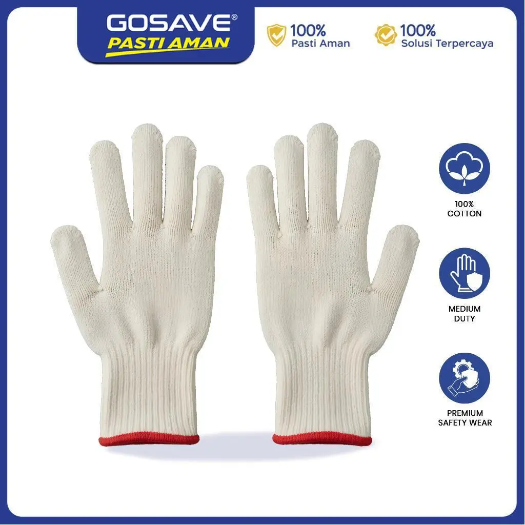 GOSAVE Sarung Tangan Kerja Katun Putih Elastis Safety Gloves RW Tebal 3 5 6 8 Benang (1 Lusin)