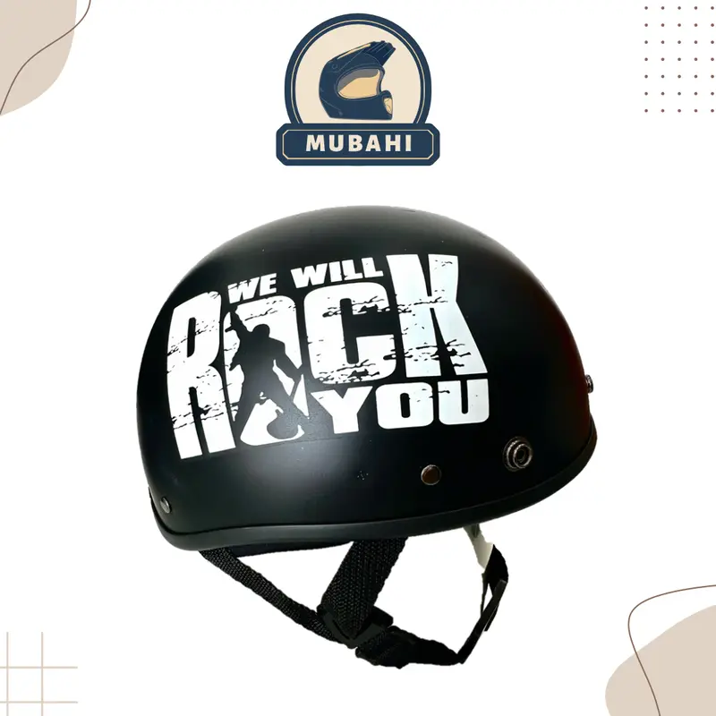Mũ Bảo Hiểm Nửa Đầu Đen họa tiết We will rock you trắng Gắn Kính Tự Chọn Nón bảo hiểm 1/2 họa tiết Helmet 1