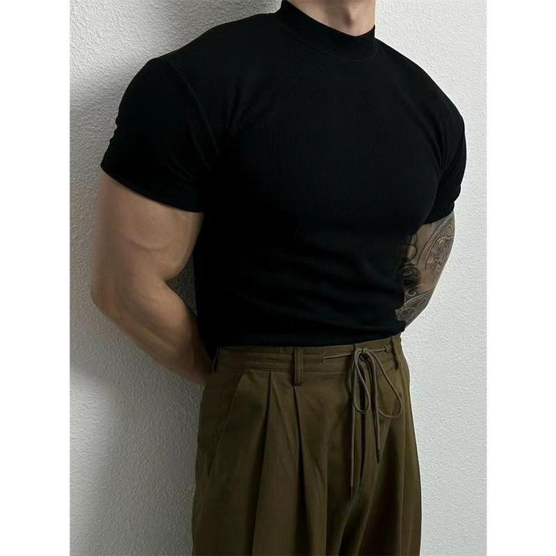 Summer plus size men's clothing 300 jin 2025 new solid color half-high neck short-sleeved-shirt for men 4