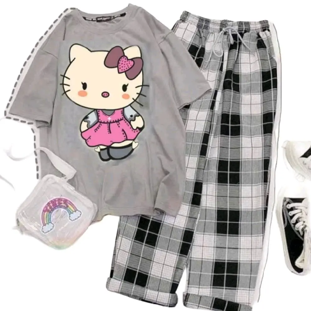 Set Bộ Đồ Quần Ống Rộng Caro Đen + Mix Áo Phông Unisex Form Thụng - Hình Mèo Màu Xám