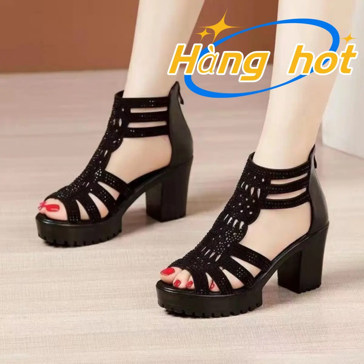 Giày sandals đế dày thiết kế khoét lỗ dép cao gót đẹp giày cao gót 7 phân nữ Chất liệu PU cao cấp