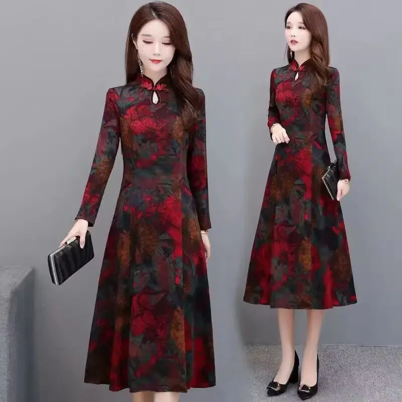 Váy Sườn Xám Cải Tiến, Phong Cách Phương Tây, Dành Cho Mẹ TRUNG NIÊN, Váy Dài, Ngoại Cỡ, Tay Áo, Thích Hợp Cho Mùa Thu Và Mùa Đông, Váy xòe Lớn, Phong Cách Phương Tây