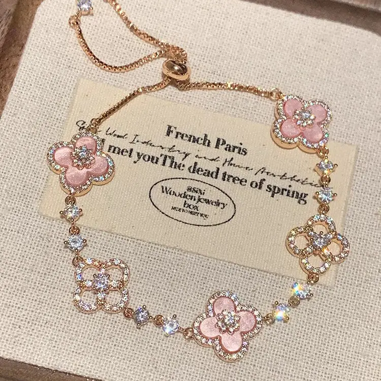 Pink four-leaf 🍀 Sparkling Diamond Bracelet for Women, Light Luxury Ins Style, Niche Design, High-end Rose Gold, Adjustable Pull Bracelet, Hand Jewelry