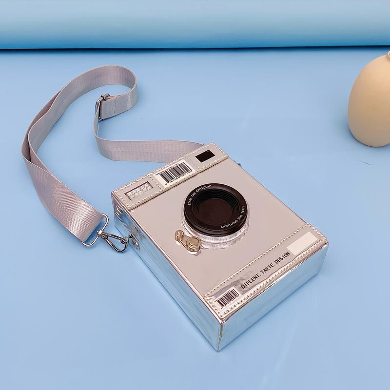 Product Introduction of Mini Camera Design Box Bag, Fashion Letter Patch Decor Crossbody Purse With Wide Strap 3