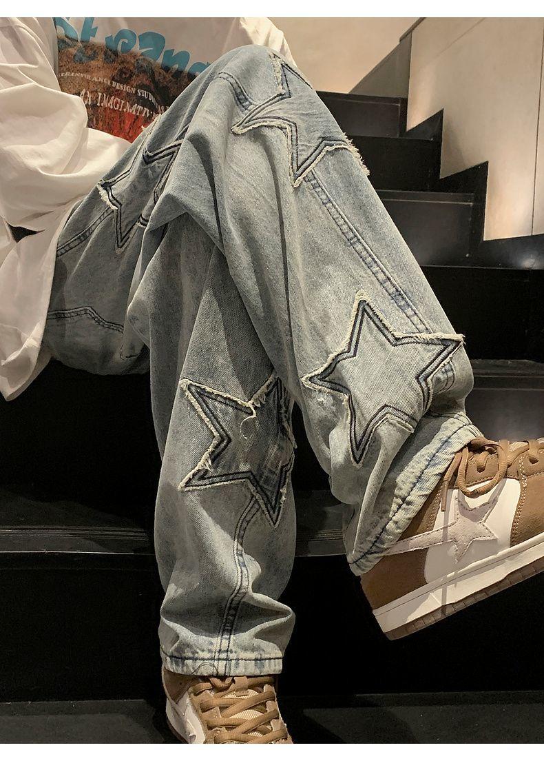 Product Introduction of Pants Men's Ins Fashionable Loose Wide-Leg American Vibe High Street Jeans Men's Fashionable Fried Street Ruan Shuai Straight Men's Pants Sneaker 30