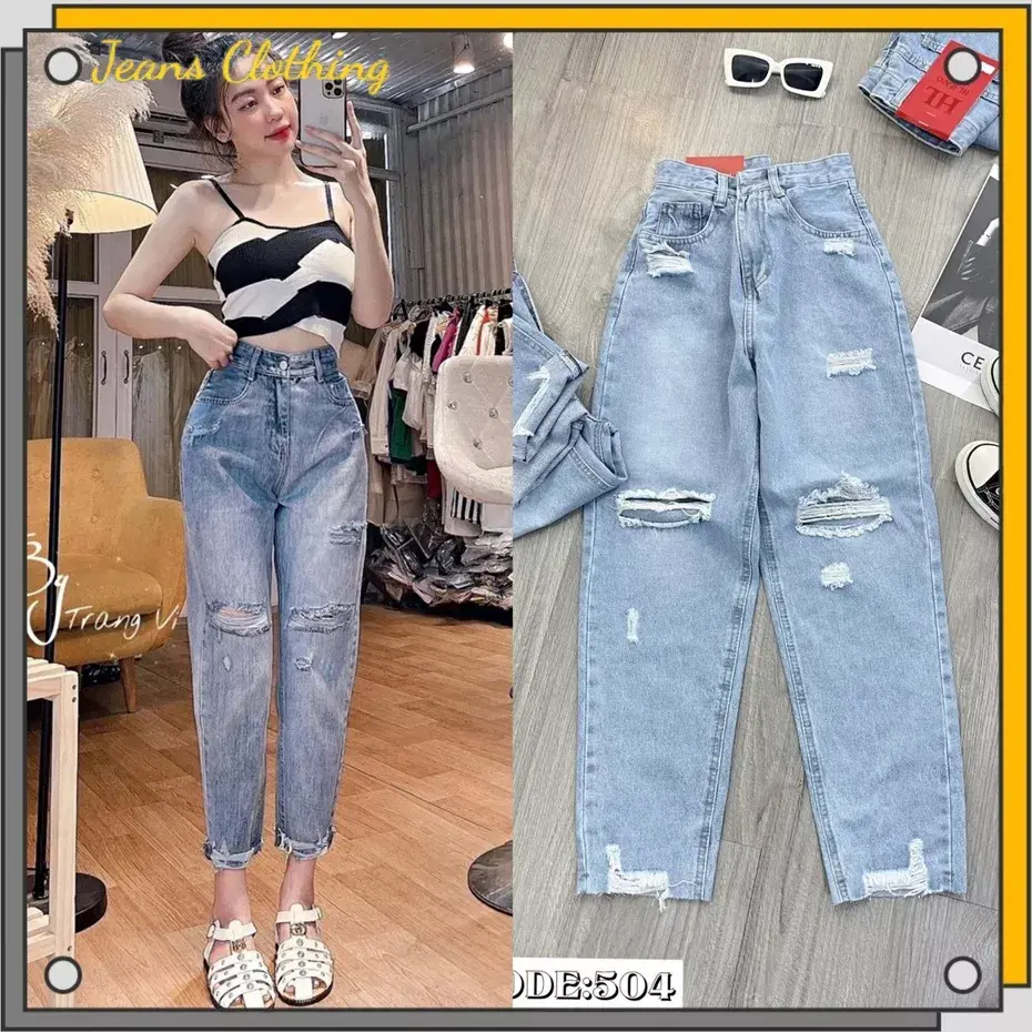 Quần Jean Baggy Nữ Cạp Cao Rách Kiểu Mẫu Mới Pants Women Denim Khuy❤️