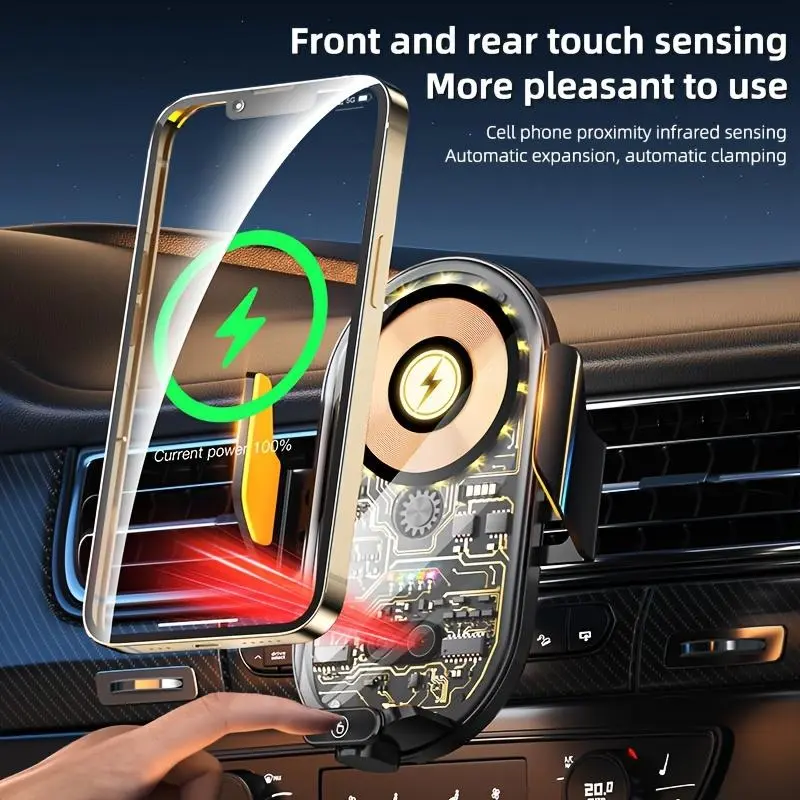 Majesun Car Phone Holder with Wireless Charger – 15W Fast Charging, Auto Clamping, Android Compatible