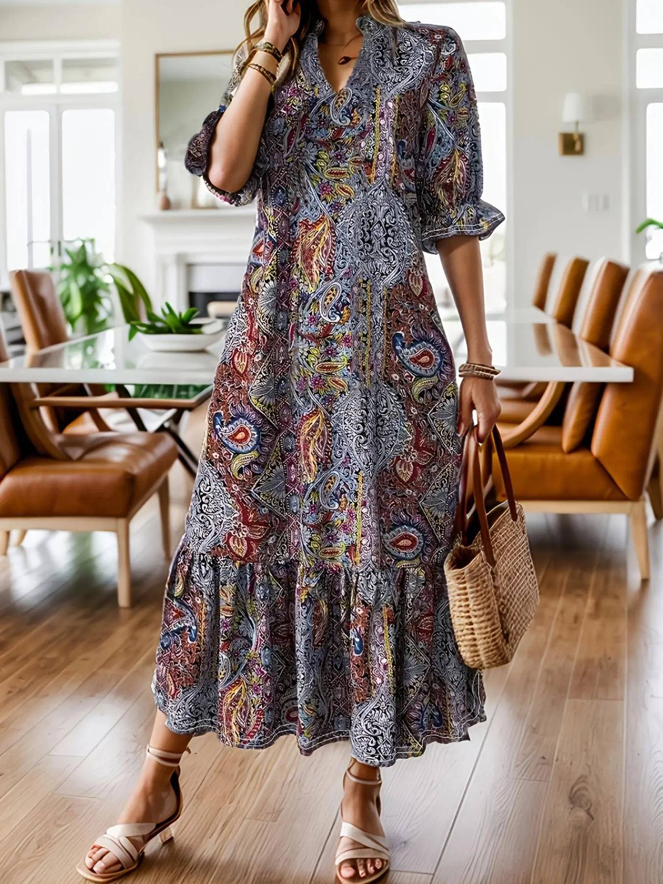 【Plus Size】 Ethnic Pattern Ruffle Trim Dress, Boho Fashion Casual Half Sleeve Dress for Daily Holiday Vacation Wear, Women Clothing for Summer