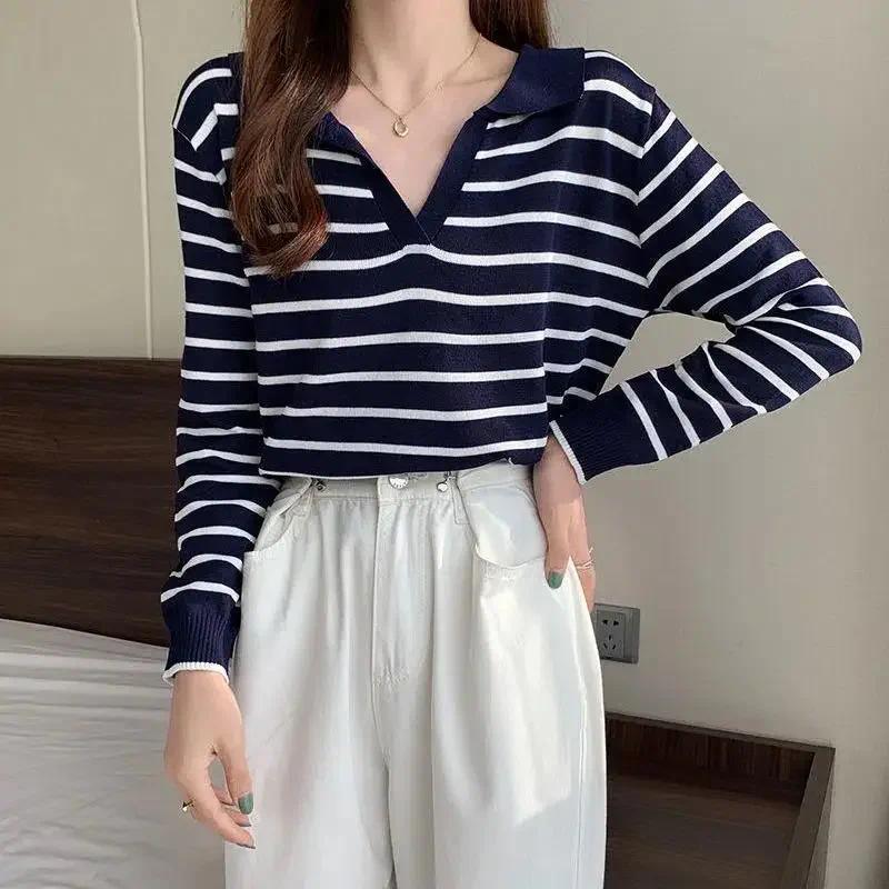 Áo Len Dệt Kim, Thiết Kế Cổ Chữ V Sọc, Tay Dài 2