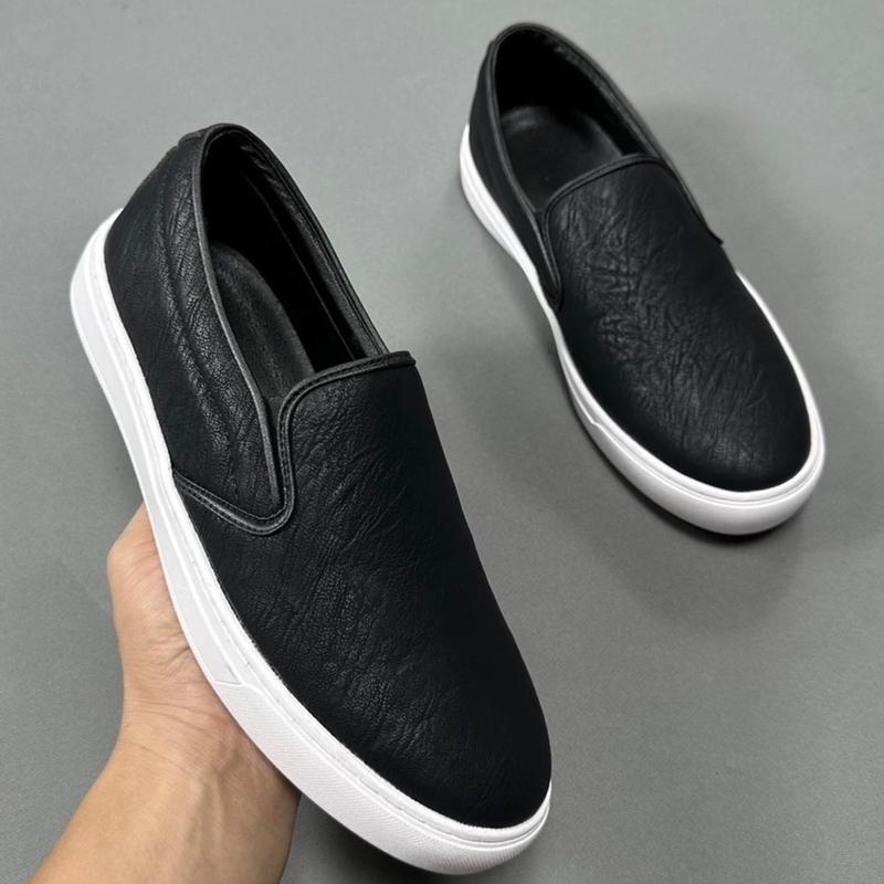 GMEN TẶNG LOT CAO SU NON Giày Slipon Cao Cấp Nam Giày Lười & Giày Đế Bằng Thời Trang Màu Đen Da Nhập Khẩu Cao Cấp Đế Cao Su Khâu Đế Mũi tròn Chân đế phẳng Dây Giày