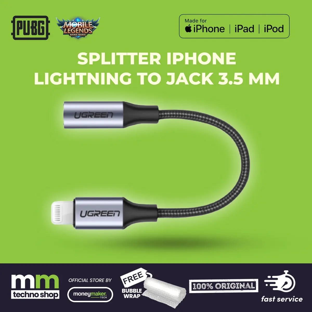 [Spliter]Adapter Lightning to Jack Audio 3.5mm MFI UGREEN Converter iPhone