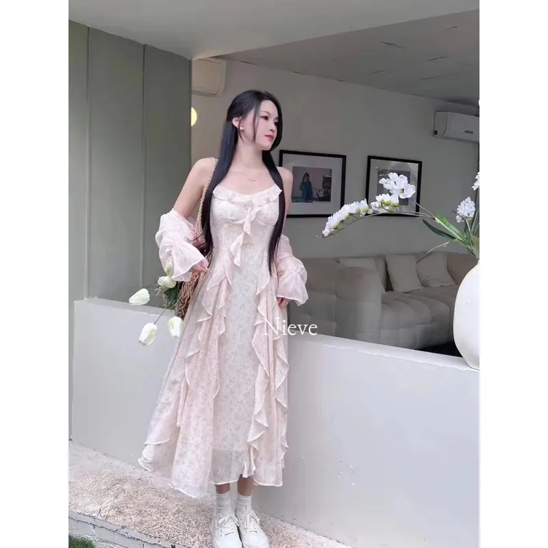 Gaun premium 9937 sifon setali korean style vintage plus outer Bunga baju pantai 2