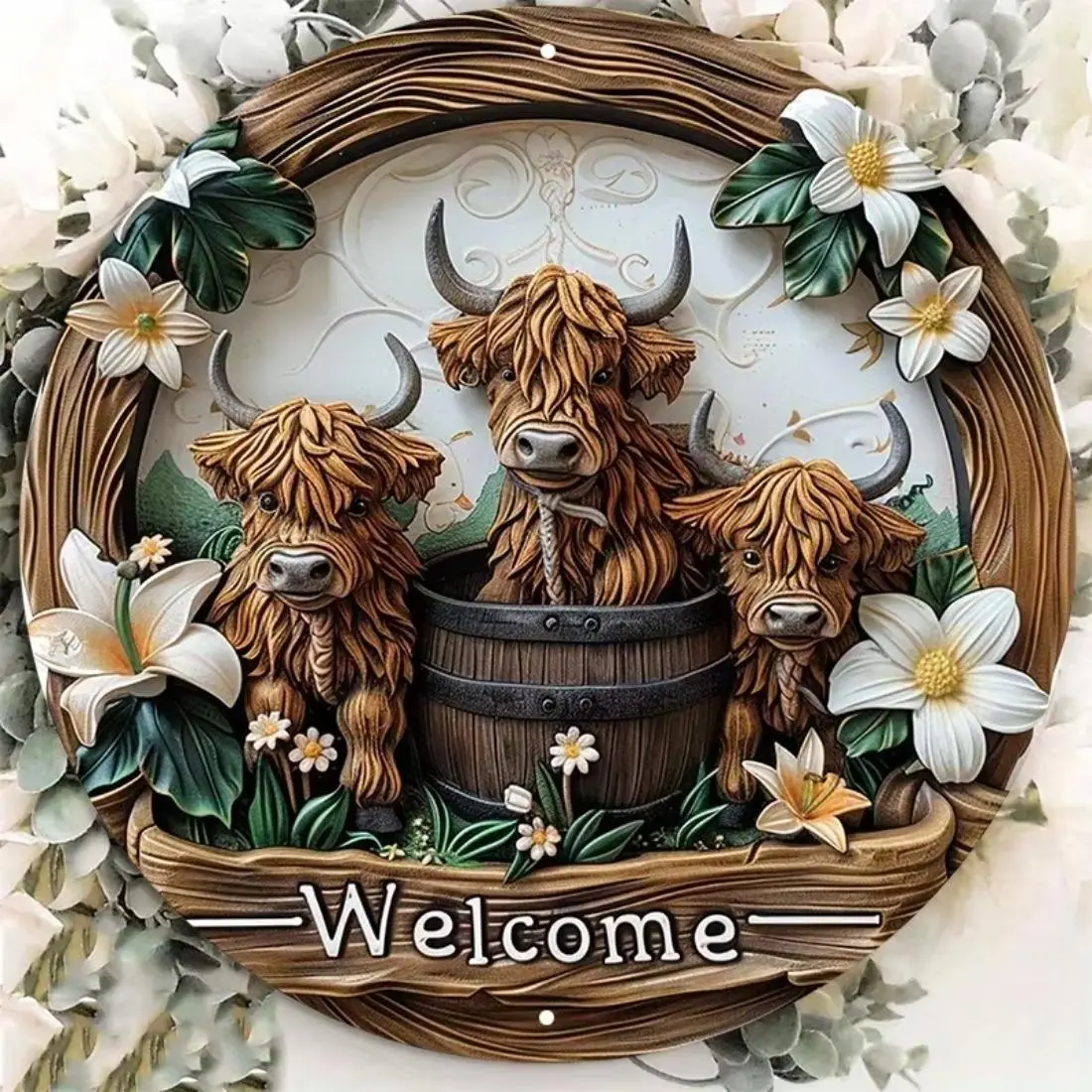 Highland Cow & Flower Pattern Welcome Sign, 8x8inch Aluminum Sign, UV & Scratch Resistant Hanging Decoration for Indoor & Outdoor