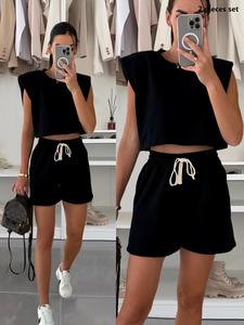 Women's Solid  Top & Drawstring Waist Shorts Two-piece Set, Casual Fashion Cozy Top &  Shorts for Daily Outdoor Wear, Ladies Clothes for All Seasons, Suits