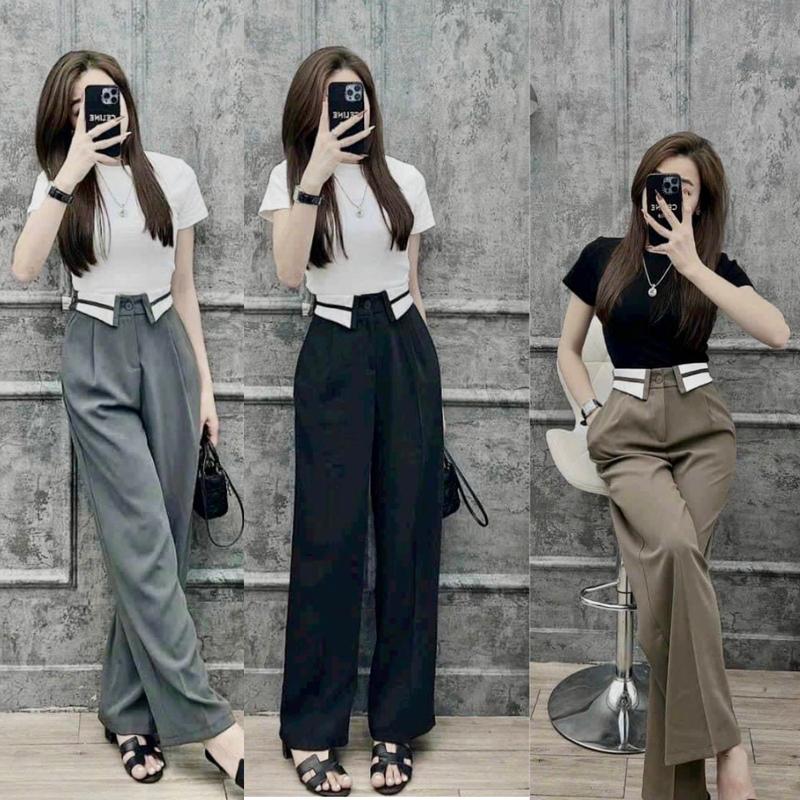 [019] Quần Xuông Ruby 1 cúc Cạp viền  bẻ, quàn Culottes cạp cao Nữ Pants Women Đen 0