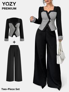 YOZY Women's Patchwork Double Button Blazer & Wide Leg Pants Two-Piece Set, Casual Long Sleeve Top & Trousers for Work Office Business, Ladies Clothes for All Seasons