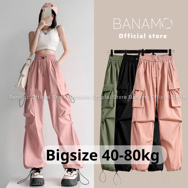 Quần kaki nữ Banamo Fashion quần ồng rộng túi hộp phối dây rút 985 Pants Women Màu Hồng
