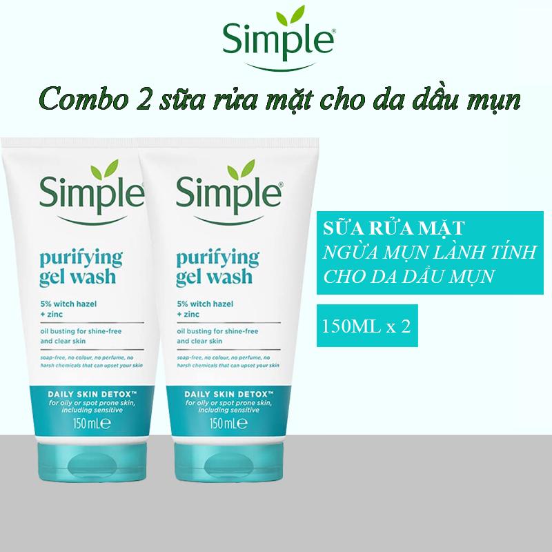  Combo 2 sữa rửa mặt cho da mụn Simple kiềm dầu giảm bóng nhờn Purifying Gel Wash 150ml x 2 kiểm soát dầu srm thâm mụn 