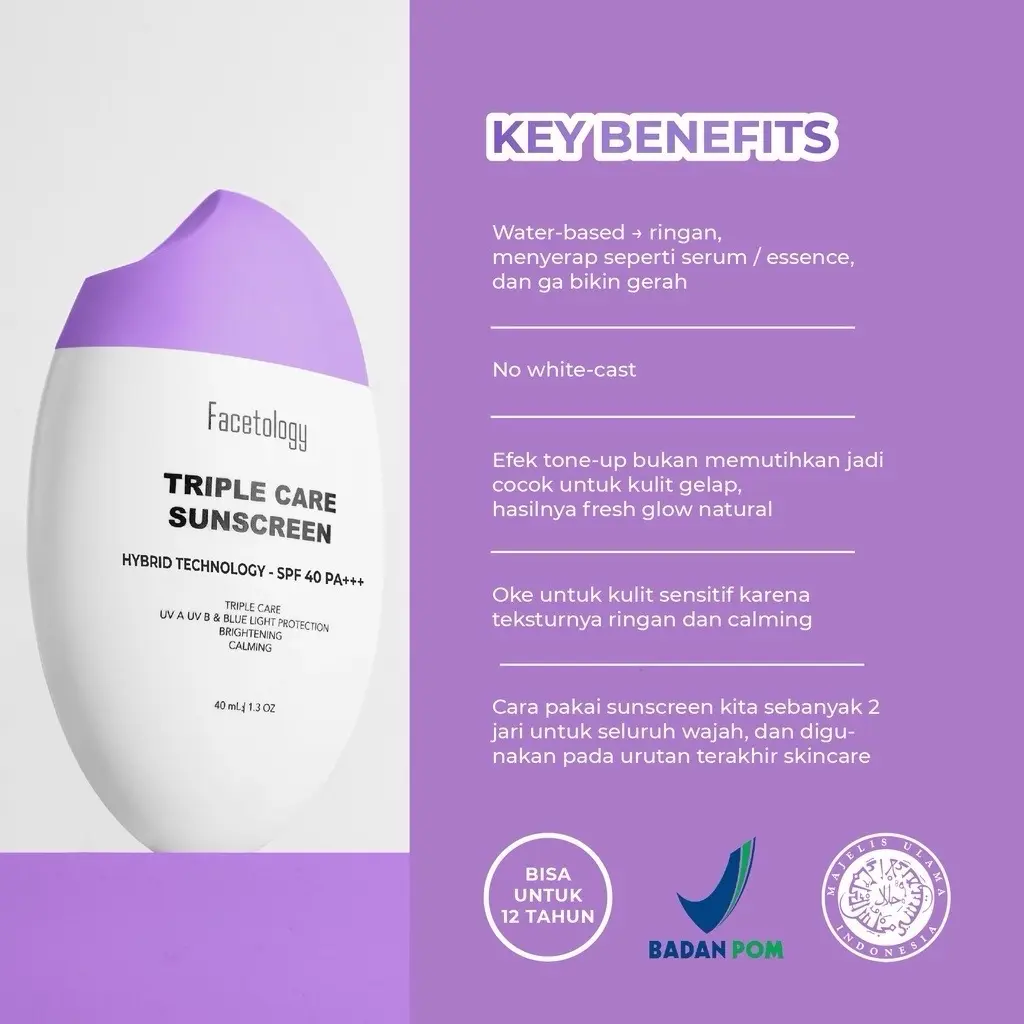 Facetology Triple Care Sunscreen SPF40 PA+++/facial wash /Sunscreen wajah facetology40ml