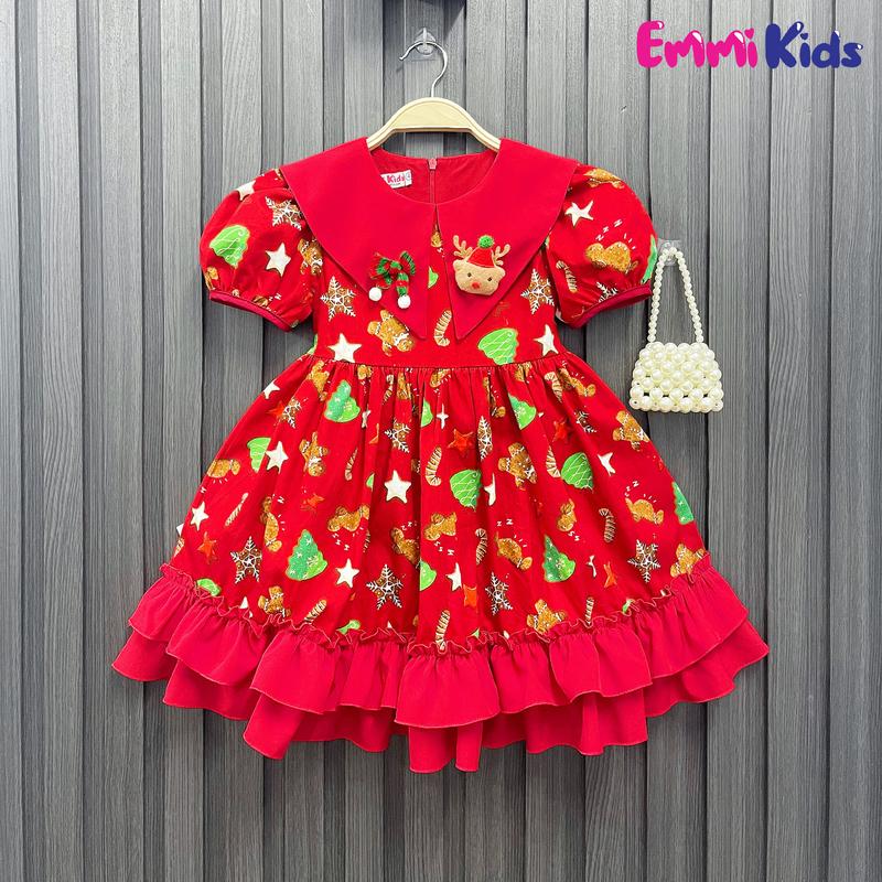 B83- EMMIKIDS Váy Noel đỏ cho bé gái, Đầm trẻ em chất Kate Bột tiểu thư (10-34kg) noel, Tết
