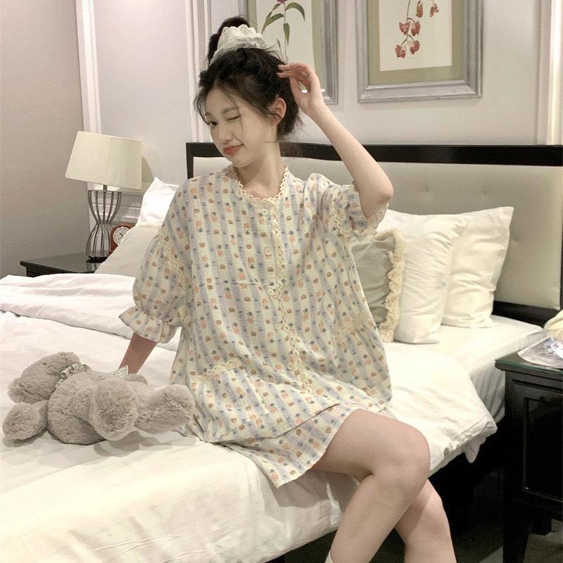 Đồ Bộ Pijama Tay Cộc Quần Đùi Phối ren Phối Bèo Nữ Tiểu Thư Họa Tiết hoa nhí Bộ Ngủ mặc Nhà giá rẻ Free size Áo Women