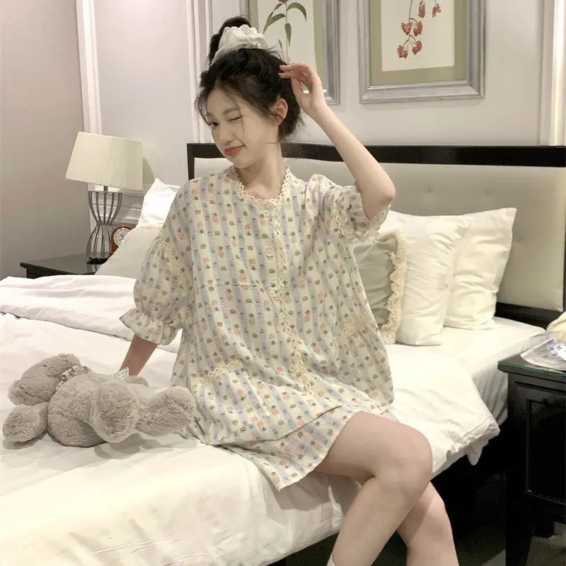 Đồ Bộ Pijama Tay Cộc Quần Đùi Phối ren Phối Bèo Nữ Tiểu Thư Họa Tiết hoa nhí, Bộ Ngủ mặc Nhà giá rẻ Free size Áo Women