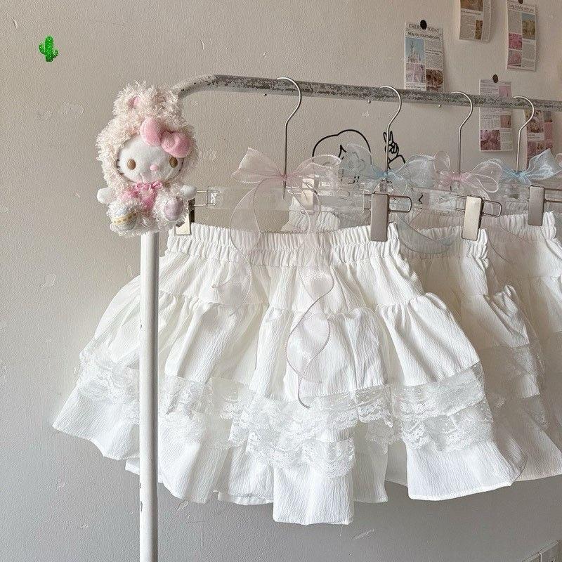 Chân váy trắng bèo tầng xoè ngắn viền ren coquette phồng xếp ly lưng chun có quần bảo hộ Nữ Women CV030